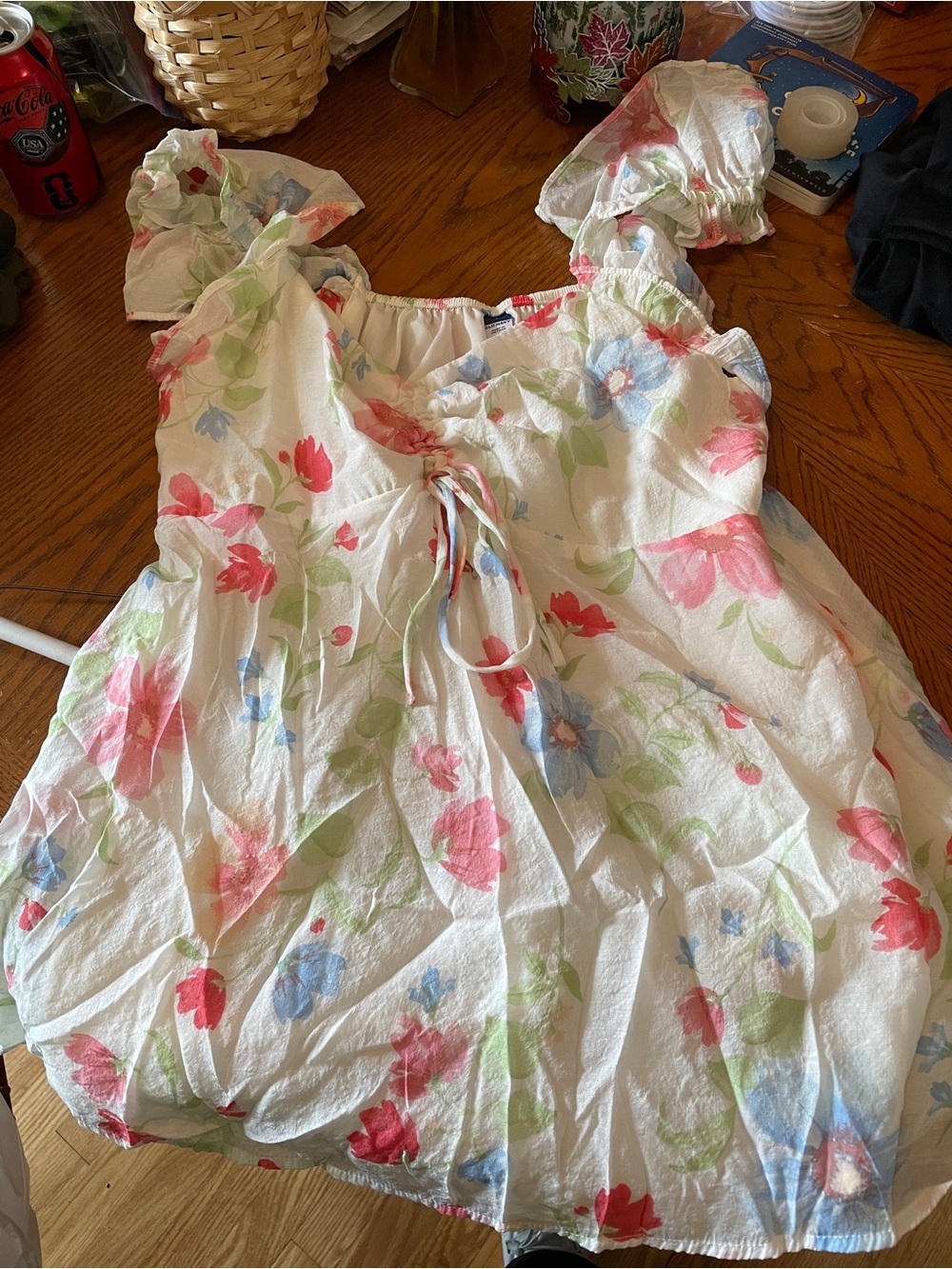 Old Navy White Floral Maternity Shirt with Pink, Blue, and Green Flowers